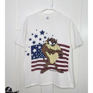 Vintage 90s Taz Looney Tunes Tasmanian Devil American Flag T Shirt 1996